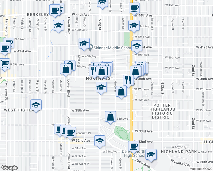 map of restaurants, bars, coffee shops, grocery stores, and more near 3157 West Clyde Place in Denver