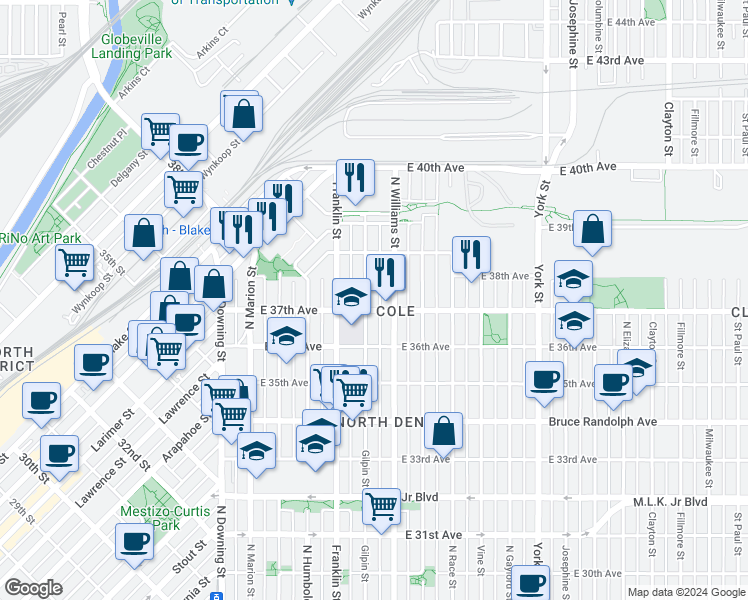 map of restaurants, bars, coffee shops, grocery stores, and more near 1725 East 37th Avenue in Denver