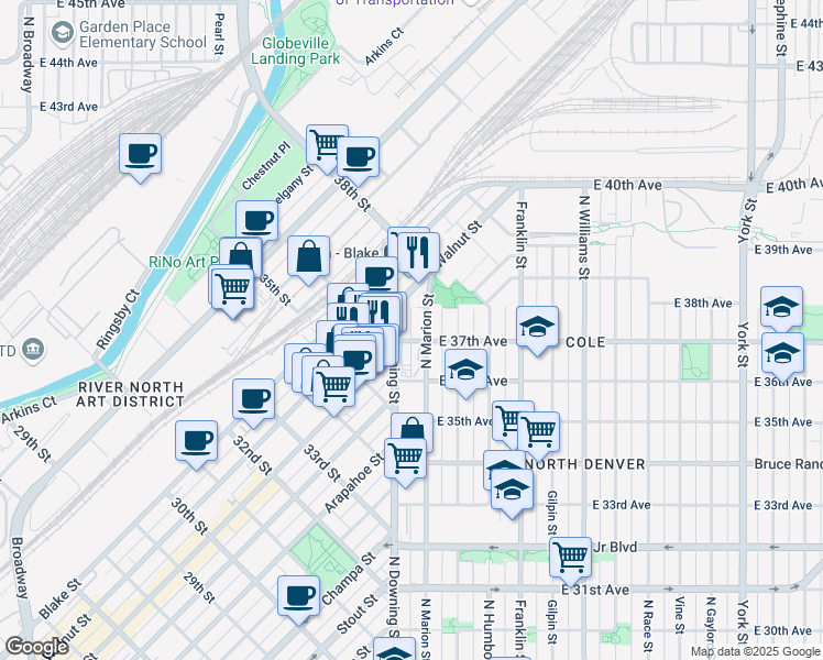map of restaurants, bars, coffee shops, grocery stores, and more near in Denver