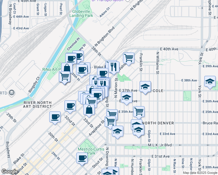map of restaurants, bars, coffee shops, grocery stores, and more near in Denver