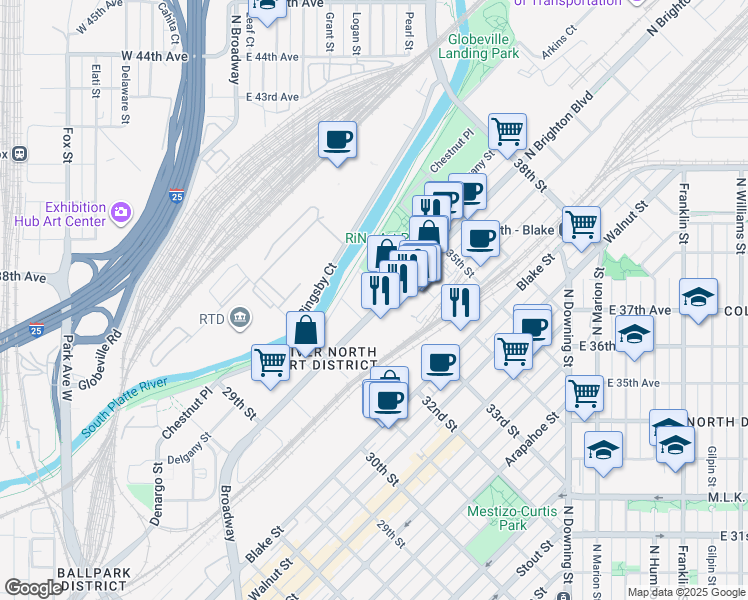 map of restaurants, bars, coffee shops, grocery stores, and more near 3200 Brighton Boulevard in Denver