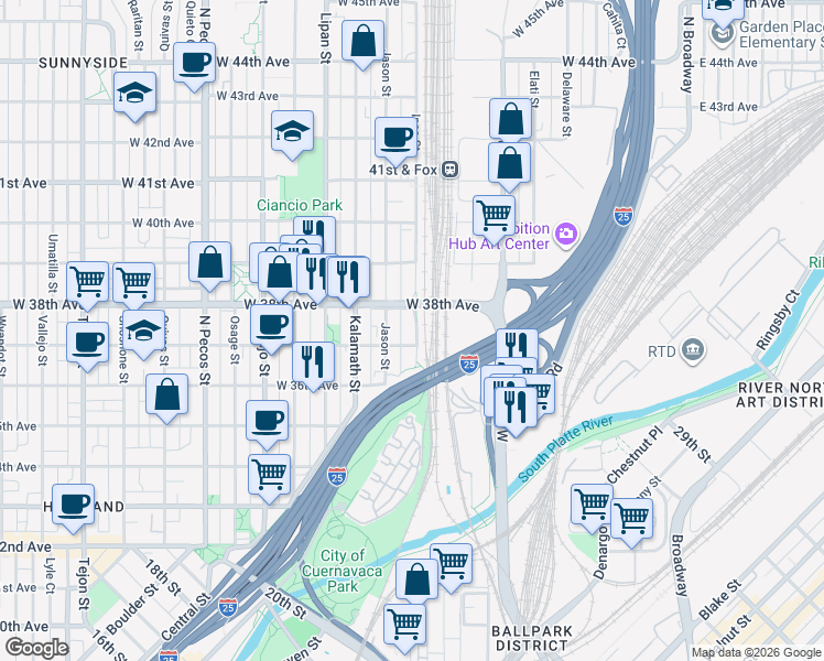 map of restaurants, bars, coffee shops, grocery stores, and more near 3655 Inca Street in Denver