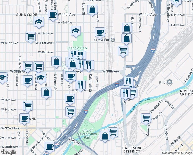 map of restaurants, bars, coffee shops, grocery stores, and more near 1125 West 37th Avenue in Denver