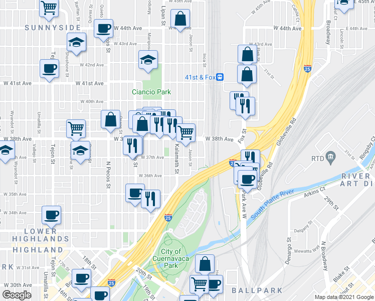 map of restaurants, bars, coffee shops, grocery stores, and more near 1125 West 37th Avenue in Denver