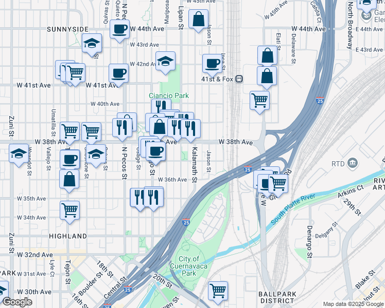 map of restaurants, bars, coffee shops, grocery stores, and more near 3658 Lipan Street in Denver