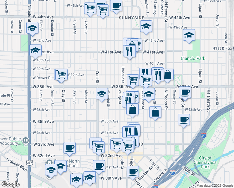 map of restaurants, bars, coffee shops, grocery stores, and more near 2224 West 37th Avenue in Denver