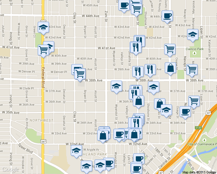 map of restaurants, bars, coffee shops, grocery stores, and more near 2325 West 37th Avenue in Denver