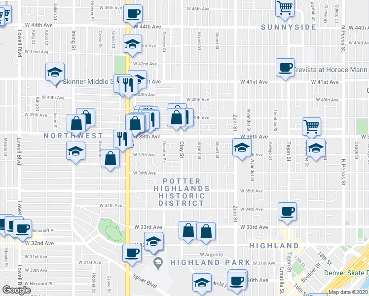 map of restaurants, bars, coffee shops, grocery stores, and more near 2720 West 37th Avenue in Denver