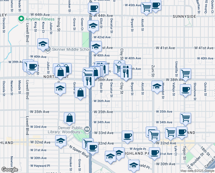 map of restaurants, bars, coffee shops, grocery stores, and more near 2812 West 37th Avenue in Denver