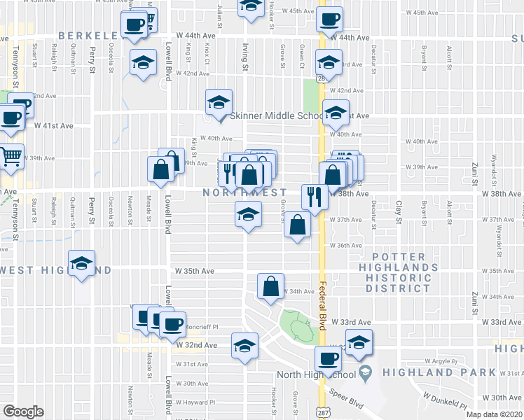 map of restaurants, bars, coffee shops, grocery stores, and more near 3138 West Clyde Place in Denver