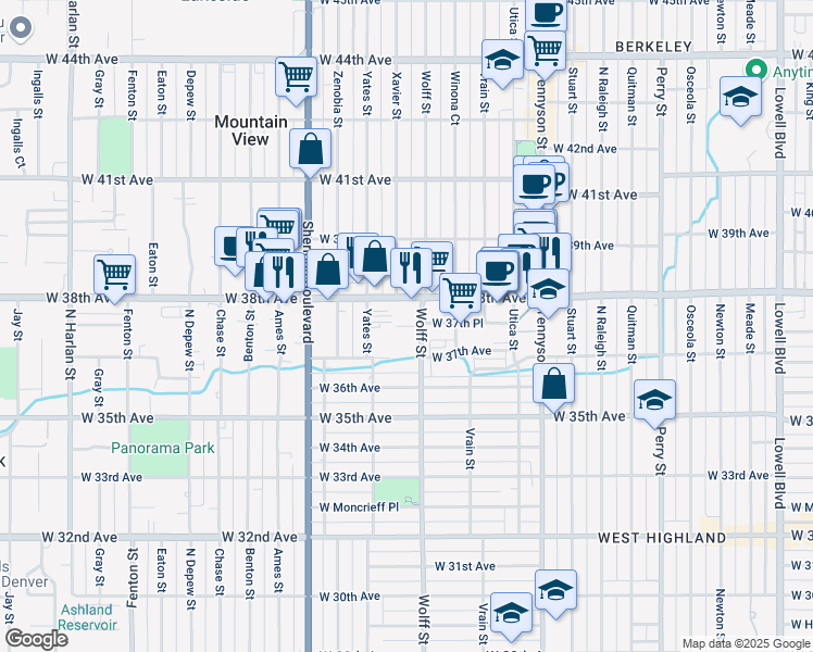map of restaurants, bars, coffee shops, grocery stores, and more near 3713 Wolff Street in Denver