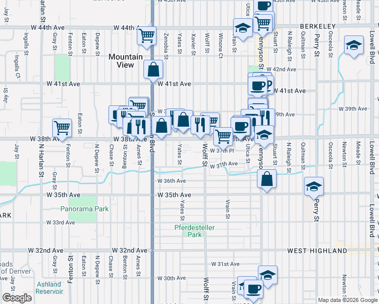 map of restaurants, bars, coffee shops, grocery stores, and more near 3713 Wolff Street in Denver