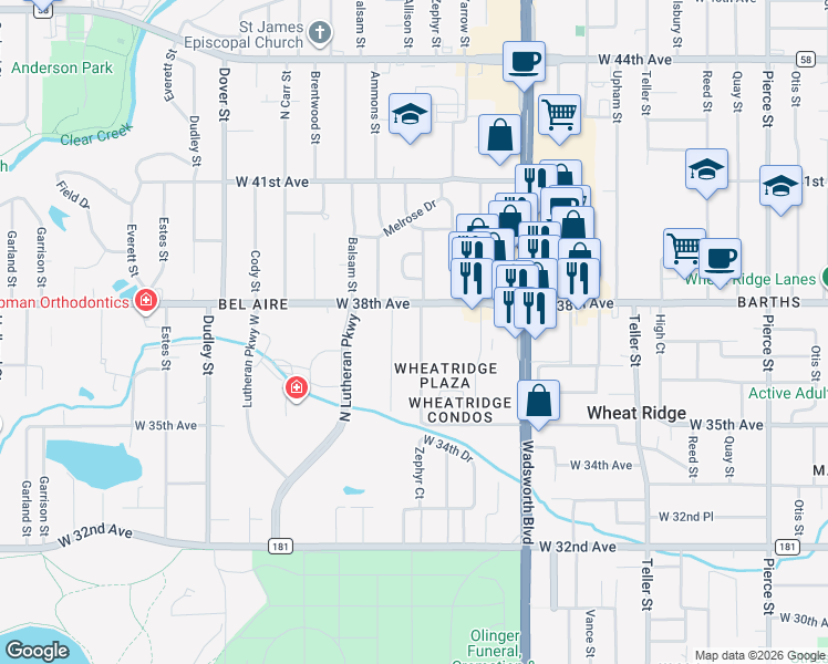 map of restaurants, bars, coffee shops, grocery stores, and more near 3692 Allison Street in Wheat Ridge