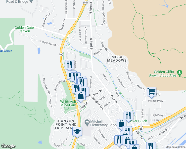 map of restaurants, bars, coffee shops, grocery stores, and more near 401 North Columbine Street in Golden