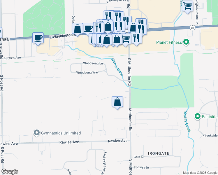 map of restaurants, bars, coffee shops, grocery stores, and more near 248 Legends Creek Place in Indianapolis