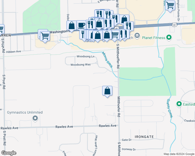 map of restaurants, bars, coffee shops, grocery stores, and more near 248 Legends Creek Place in Indianapolis