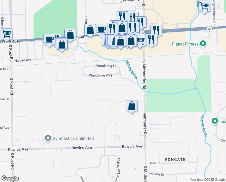 map of restaurants, bars, coffee shops, grocery stores, and more near 246 Legends Creek Way in Indianapolis