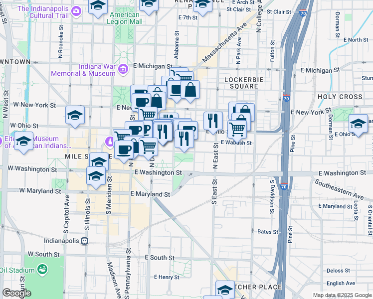 map of restaurants, bars, coffee shops, grocery stores, and more near 301 East Market Street in Indianapolis