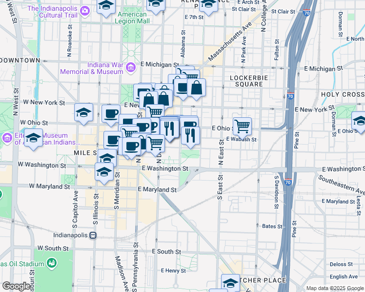map of restaurants, bars, coffee shops, grocery stores, and more near 55 North Alabama Street in Indianapolis