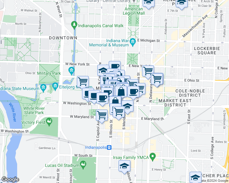 map of restaurants, bars, coffee shops, grocery stores, and more near 110 West Market Street in Indianapolis