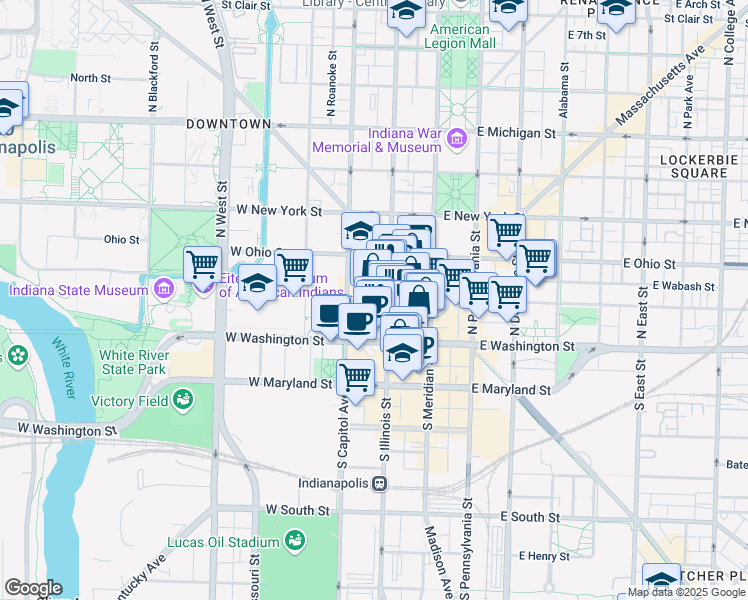 map of restaurants, bars, coffee shops, grocery stores, and more near 110 West Market Street in Indianapolis