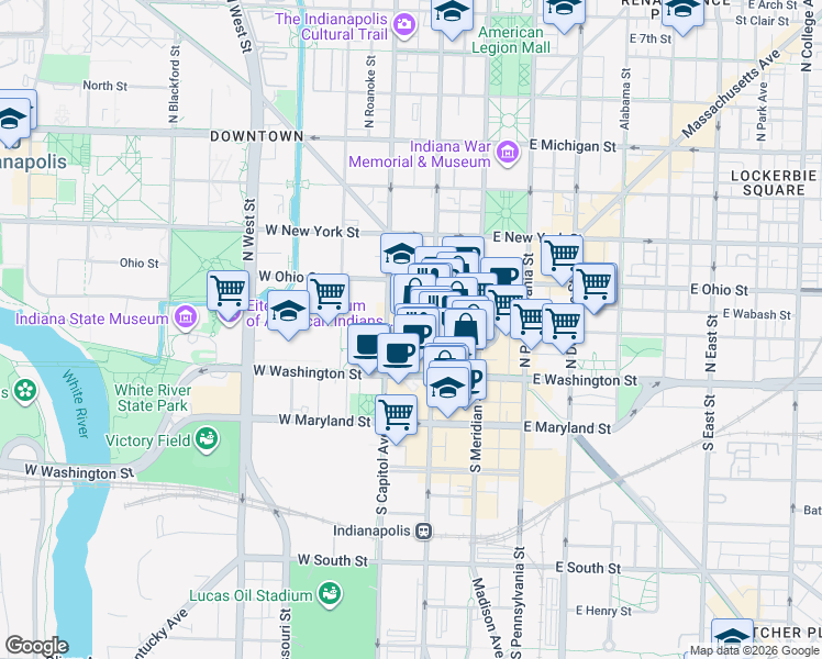 map of restaurants, bars, coffee shops, grocery stores, and more near 110 West Market Street in Indianapolis