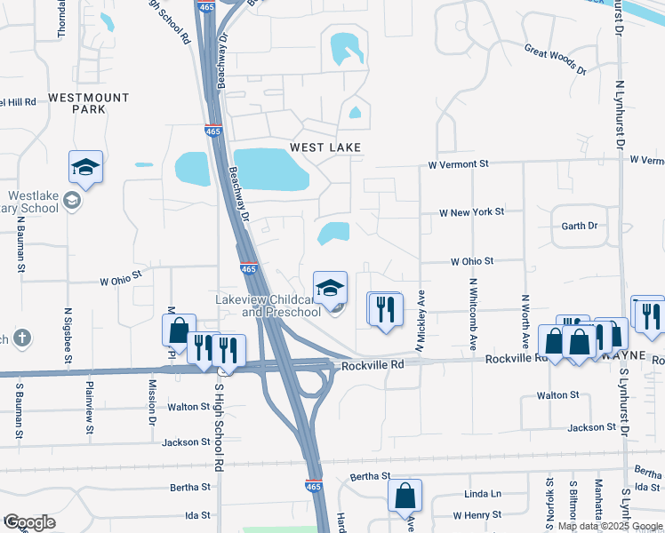 map of restaurants, bars, coffee shops, grocery stores, and more near 45 Beachway Drive in Indianapolis