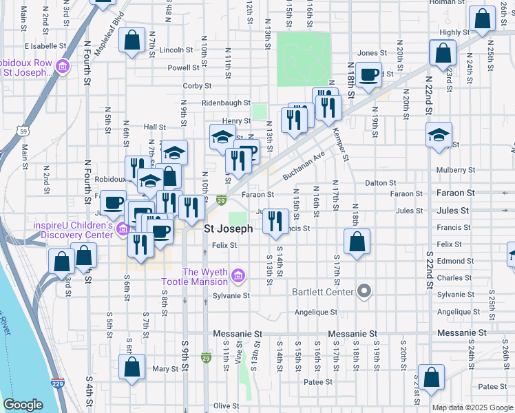 map of restaurants, bars, coffee shops, grocery stores, and more near 1202 Jules Street in Saint Joseph