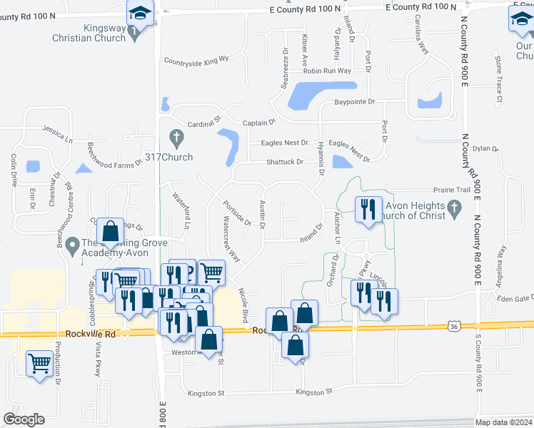 map of restaurants, bars, coffee shops, grocery stores, and more near 373 Austin Drive in Avon