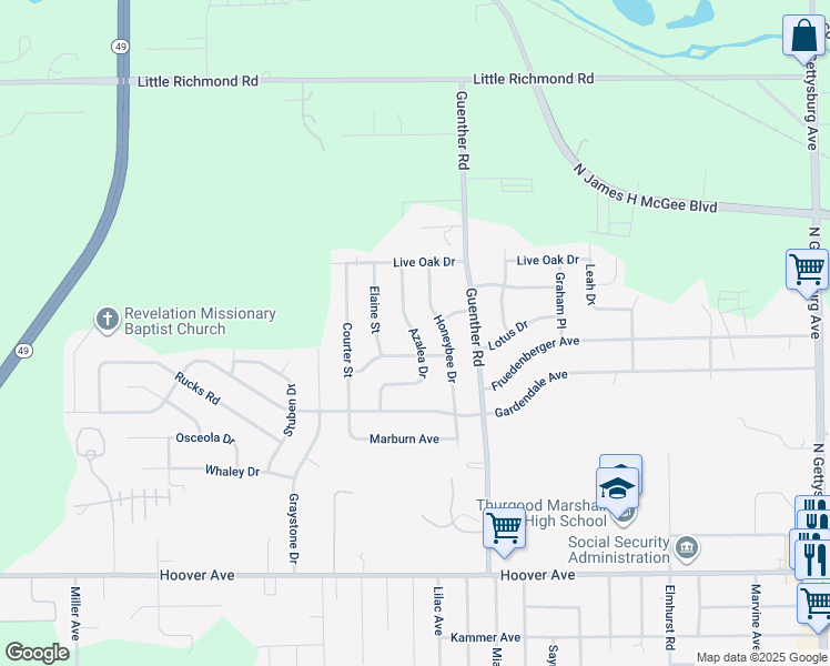 map of restaurants, bars, coffee shops, grocery stores, and more near Azalea Drive in Trotwood