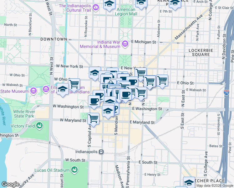 map of restaurants, bars, coffee shops, grocery stores, and more near in Indianapolis