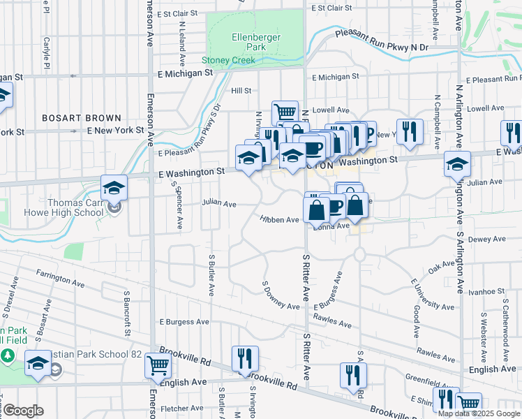 map of restaurants, bars, coffee shops, grocery stores, and more near 111 South Downey Avenue in Indianapolis