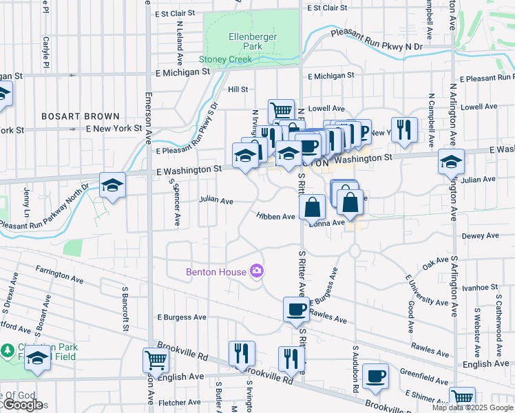 map of restaurants, bars, coffee shops, grocery stores, and more near 111 South Downey Avenue in Indianapolis