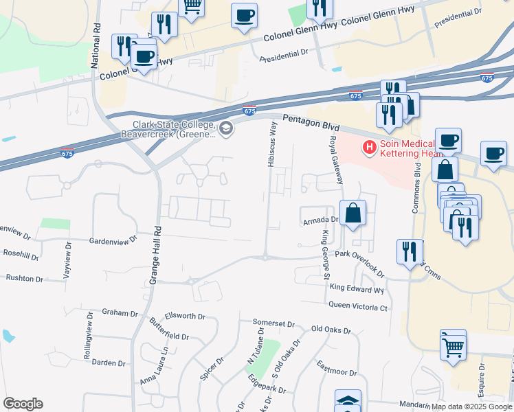 map of restaurants, bars, coffee shops, grocery stores, and more near 2641 Hibiscus Way in Beavercreek