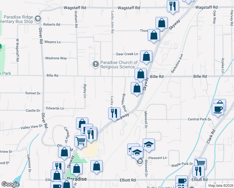 map of restaurants, bars, coffee shops, grocery stores, and more near 6191 Lucky John Road in Paradise