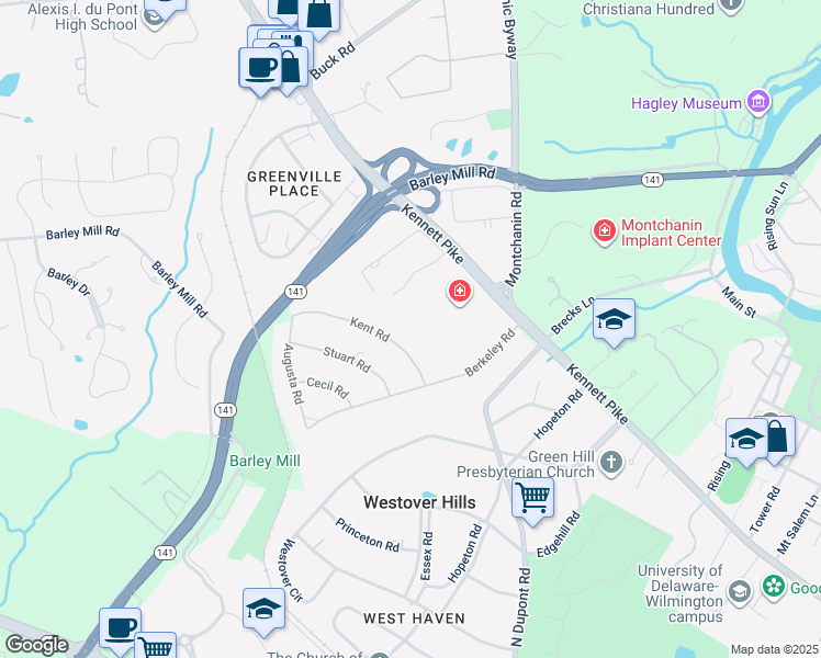 map of restaurants, bars, coffee shops, grocery stores, and more near 1019 Kent Road in Wilmington