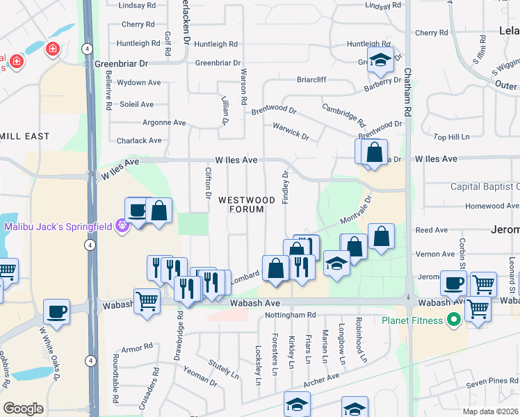 map of restaurants, bars, coffee shops, grocery stores, and more near 2808 Haverford Road in Springfield