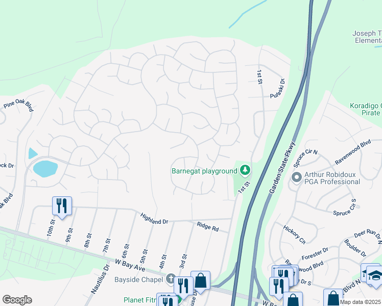 map of restaurants, bars, coffee shops, grocery stores, and more near 4 Pond View Circle in Barnegat Township