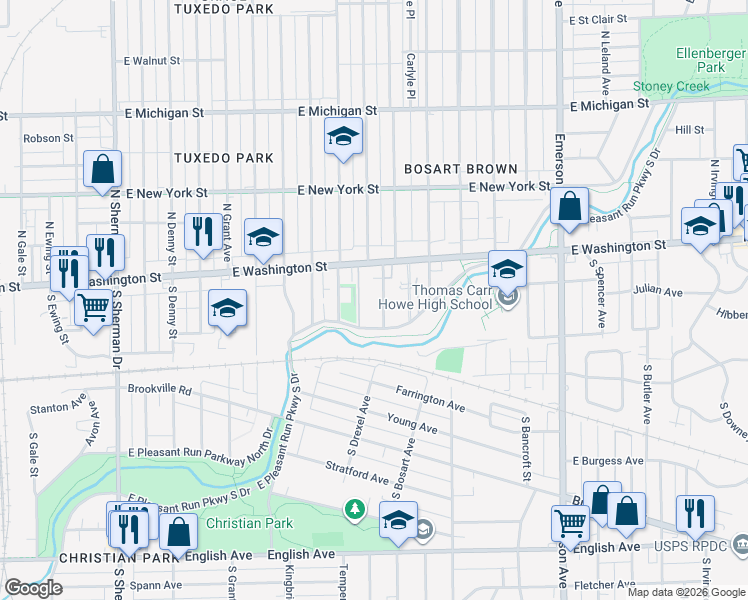 map of restaurants, bars, coffee shops, grocery stores, and more near 46 Jenny Lane in Indianapolis