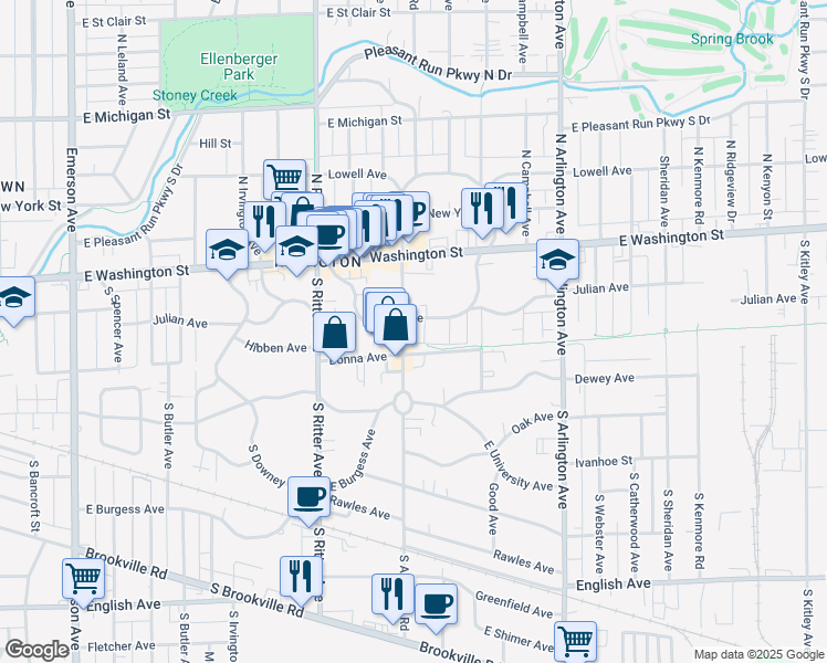 map of restaurants, bars, coffee shops, grocery stores, and more near 115 South Audubon Road in Indianapolis