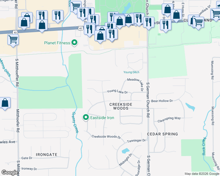 map of restaurants, bars, coffee shops, grocery stores, and more near 10723 Young Lake Drive in Indianapolis