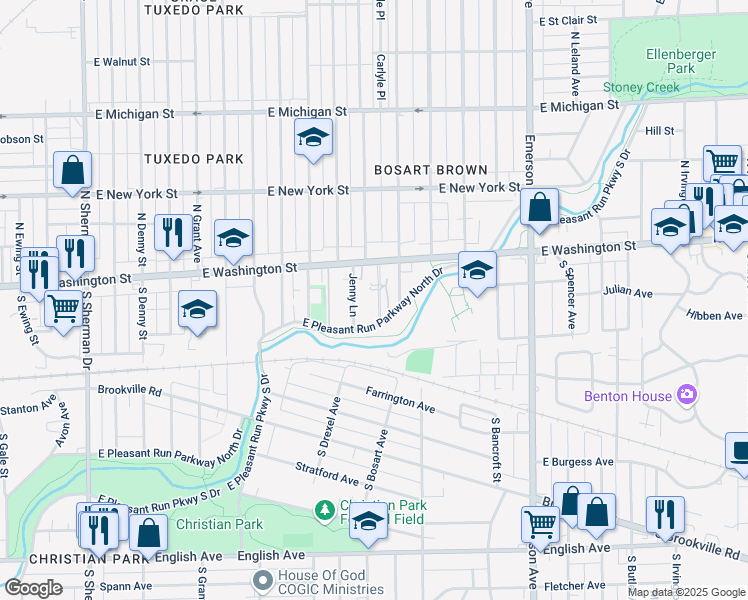 map of restaurants, bars, coffee shops, grocery stores, and more near 4736 East Pleasant Run Parkway North Drive in Indianapolis