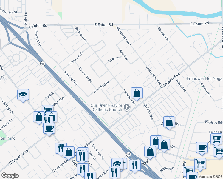map of restaurants, bars, coffee shops, grocery stores, and more near 2925 Godman Avenue in Chico