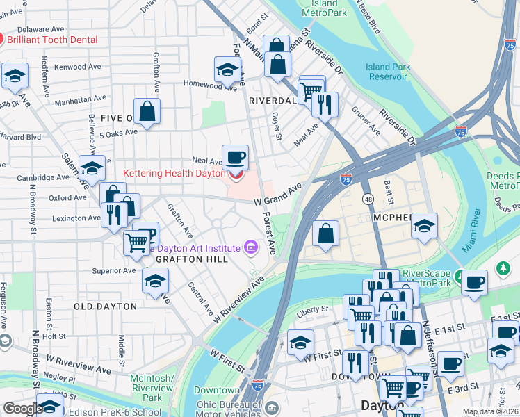 map of restaurants, bars, coffee shops, grocery stores, and more near 127 Forest Avenue in Dayton