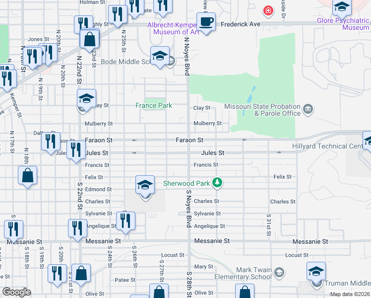 map of restaurants, bars, coffee shops, grocery stores, and more near 2724 Jules Street in Saint Joseph