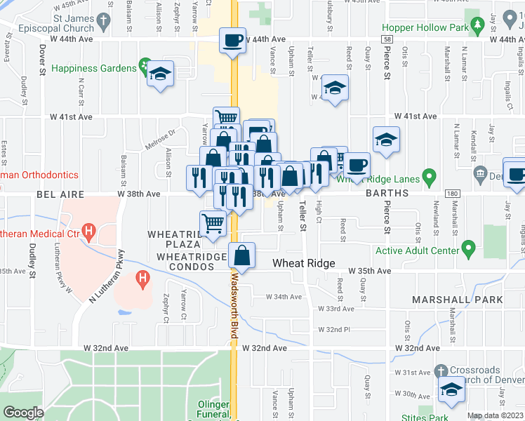 map of restaurants, bars, coffee shops, grocery stores, and more near 3637 Vance Street in Wheat Ridge