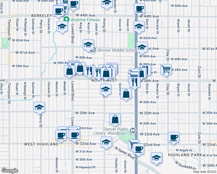 map of restaurants, bars, coffee shops, grocery stores, and more near 3725 Irving Street in Denver