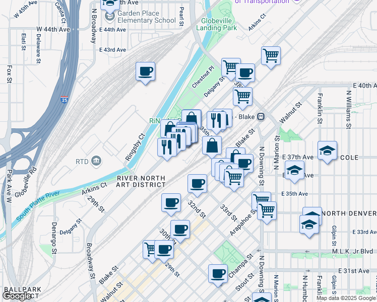 map of restaurants, bars, coffee shops, grocery stores, and more near 1630 35th Street in Denver