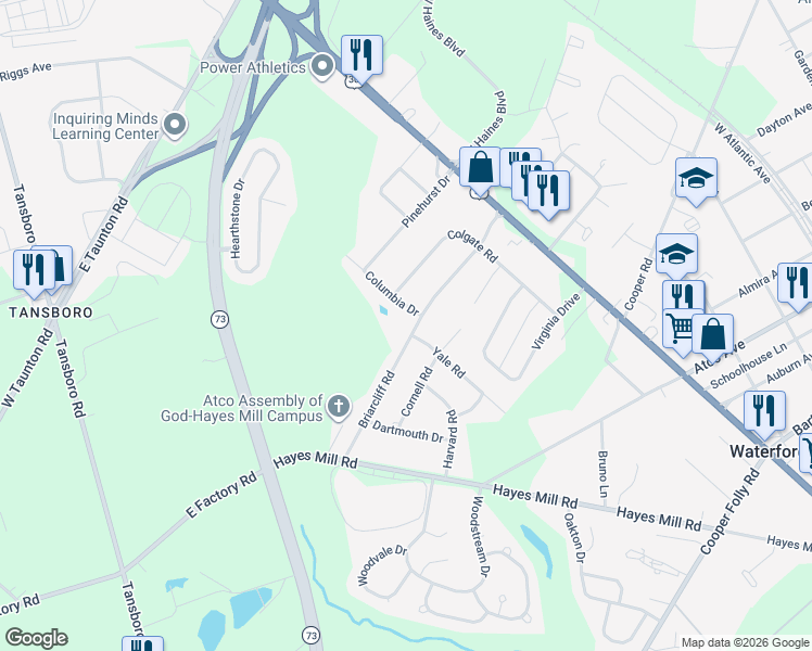 map of restaurants, bars, coffee shops, grocery stores, and more near 29 Briarcliff Road in Atco