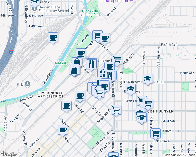 map of restaurants, bars, coffee shops, grocery stores, and more near 3505 Blake Street in Denver